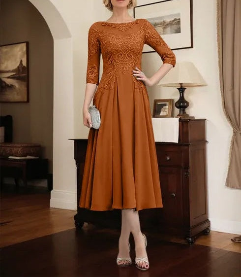 A-line Scoop Illusion Tea-Length Chiffon Lace Mother of the Bride Dress With Beading Sequins