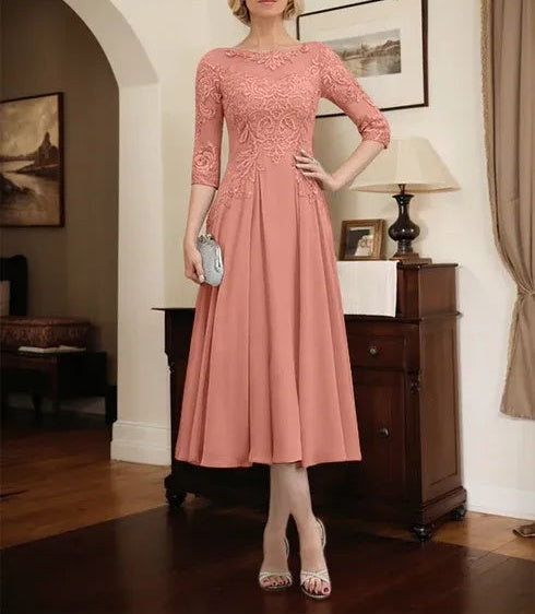 A-line Scoop Illusion Tea-Length Chiffon Lace Mother of the Bride Dress With Beading Sequins