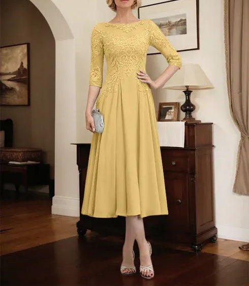 A-line Scoop Illusion Tea-Length Chiffon Lace Mother of the Bride Dress With Beading Sequins