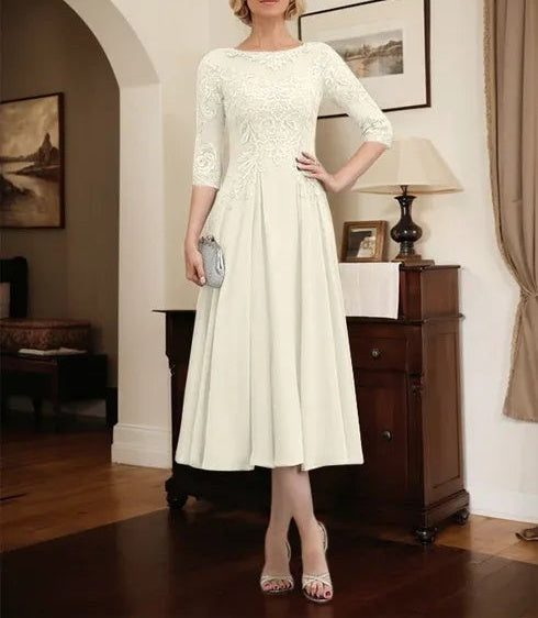 A-line Scoop Illusion Tea-Length Chiffon Lace Mother of the Bride Dress With Beading Sequins