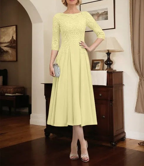 A-line Scoop Illusion Tea-Length Chiffon Lace Mother of the Bride Dress With Beading Sequins