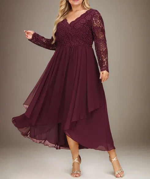 A-line V-Neck Asymmetrical Lace Chiffon Mother of the Bride Dress
