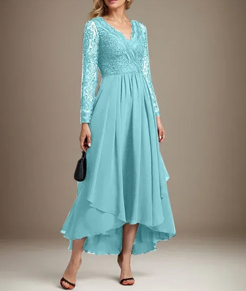 A-line V-Neck Asymmetrical Lace Chiffon Mother of the Bride Dress