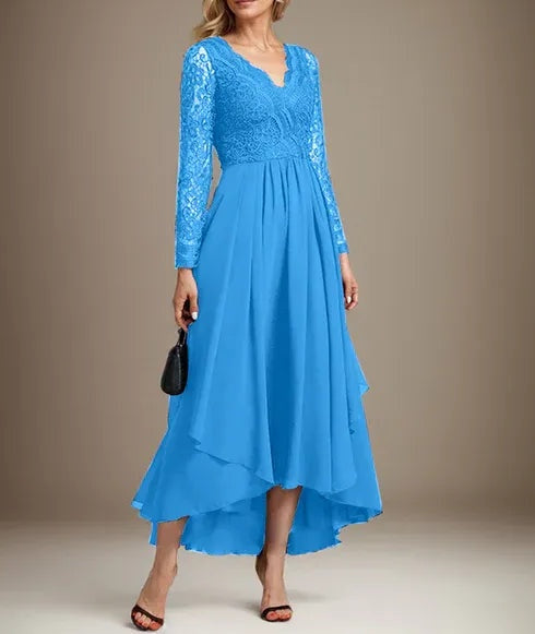 A-line V-Neck Asymmetrical Lace Chiffon Mother of the Bride Dress