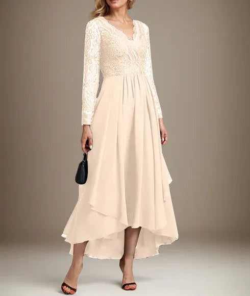 A-line V-Neck Asymmetrical Lace Chiffon Mother of the Bride Dress
