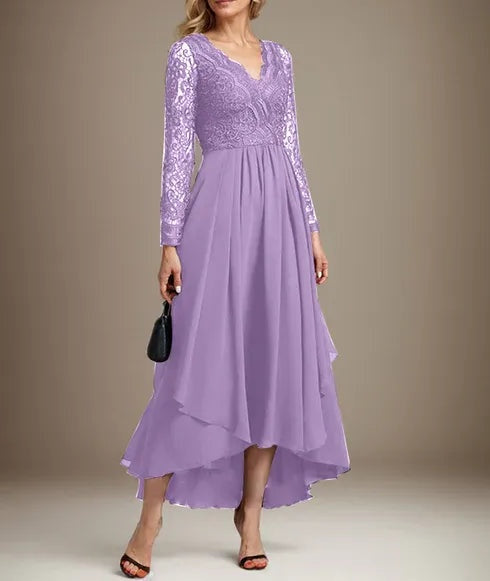 A-line V-Neck Asymmetrical Lace Chiffon Mother of the Bride Dress