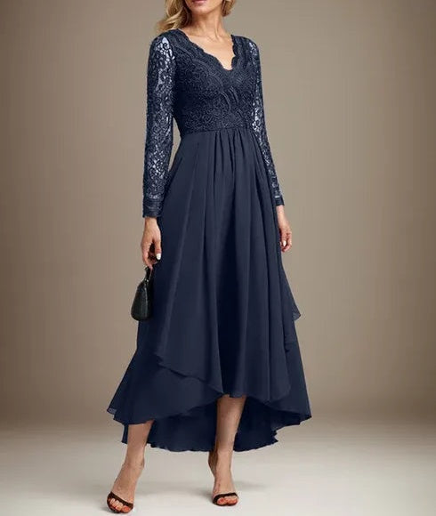 A-line V-Neck Asymmetrical Lace Chiffon Mother of the Bride Dress