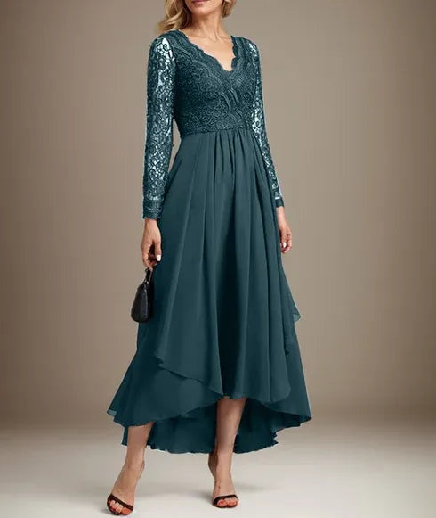 A-line V-Neck Asymmetrical Lace Chiffon Mother of the Bride Dress
