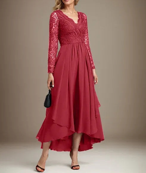 A-line V-Neck Asymmetrical Lace Chiffon Mother of the Bride Dress
