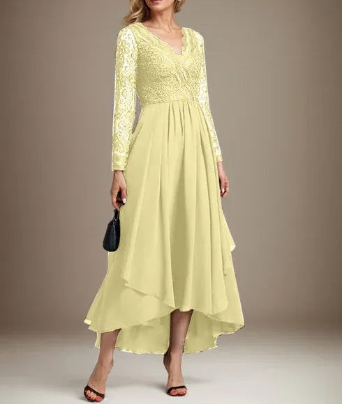 A-line V-Neck Asymmetrical Lace Chiffon Mother of the Bride Dress