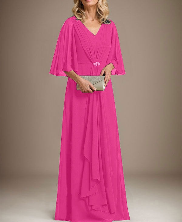 A-line V-Neck Floor-Length Chiffon Mother of the Bride Dress With Cascading Ruffles Crystal Brooch