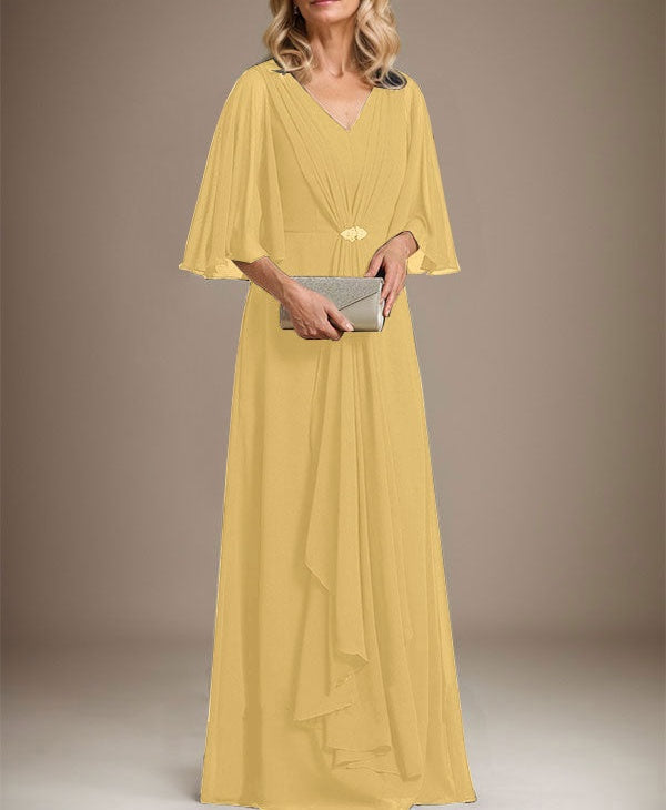 A-line V-Neck Floor-Length Chiffon Mother of the Bride Dress With Cascading Ruffles Crystal Brooch
