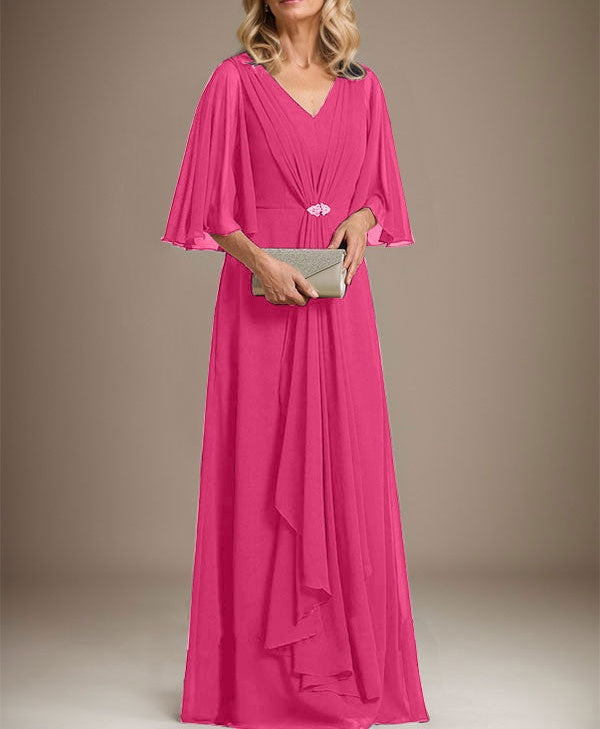 A-line V-Neck Floor-Length Chiffon Mother of the Bride Dress With Cascading Ruffles Crystal Brooch