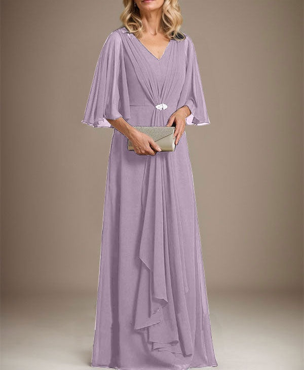 A-line V-Neck Floor-Length Chiffon Mother of the Bride Dress With Cascading Ruffles Crystal Brooch