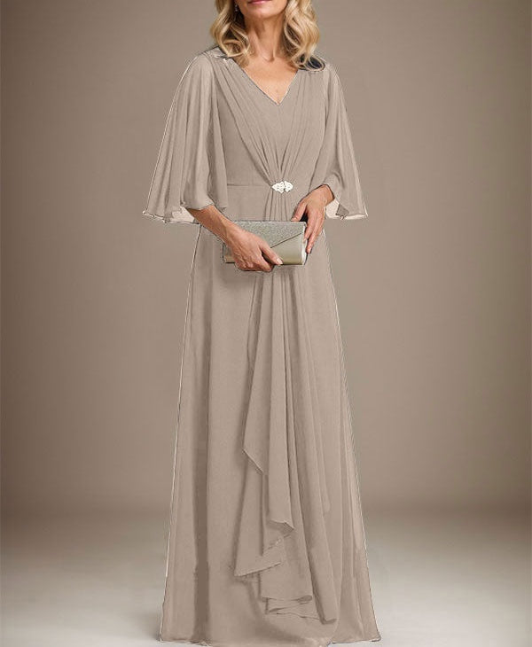 A-line V-Neck Floor-Length Chiffon Mother of the Bride Dress With Cascading Ruffles Crystal Brooch