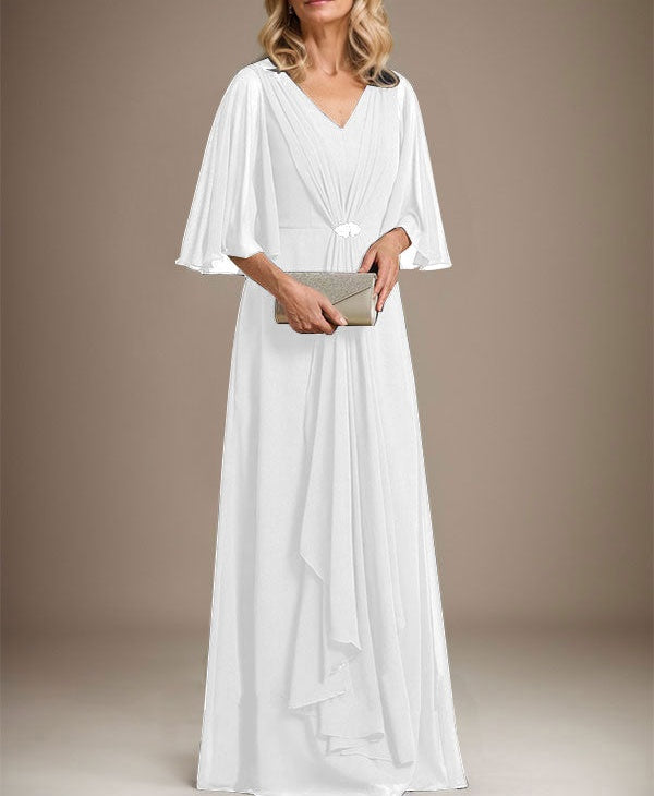 A-line V-Neck Floor-Length Chiffon Mother of the Bride Dress With Cascading Ruffles Crystal Brooch