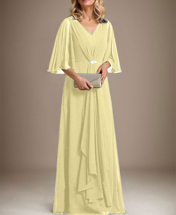 A-line V-Neck Floor-Length Chiffon Mother of the Bride Dress With Cascading Ruffles Crystal Brooch
