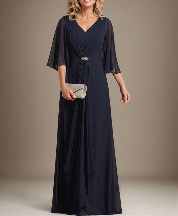 A-line V-Neck Floor-Length Chiffon Mother of the Bride Dress With Cascading Ruffles Crystal Brooch