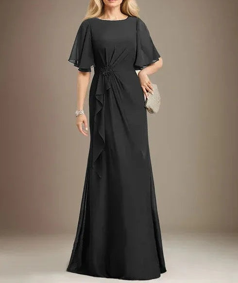 A-line Scoop Floor-Length Chiffon Mother of the Bride Dress With Cascading Ruffles Beading Sequins