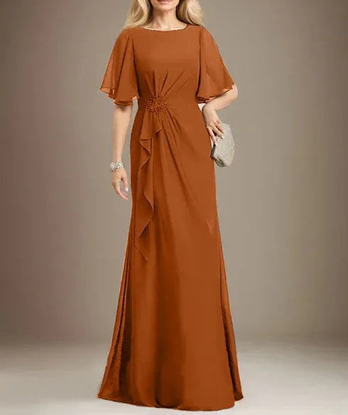 A-line Scoop Floor-Length Chiffon Mother of the Bride Dress With Cascading Ruffles Beading Sequins