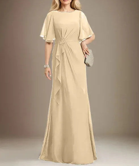 A-line Scoop Floor-Length Chiffon Mother of the Bride Dress With Cascading Ruffles Beading Sequins