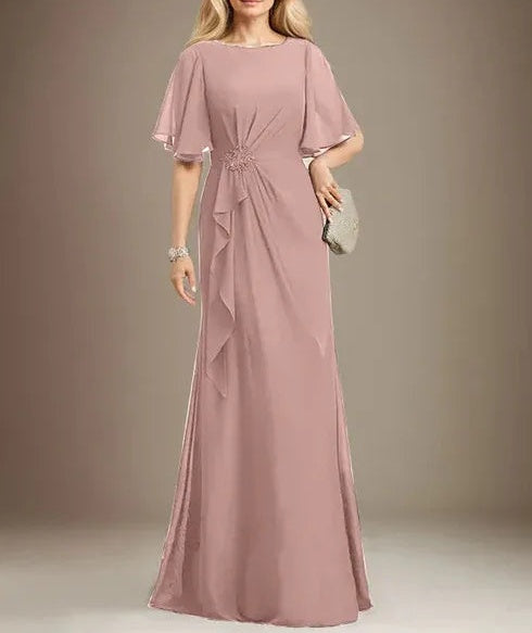 A-line Scoop Floor-Length Chiffon Mother of the Bride Dress With Cascading Ruffles Beading Sequins