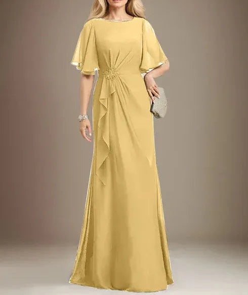 A-line Scoop Floor-Length Chiffon Mother of the Bride Dress With Cascading Ruffles Beading Sequins
