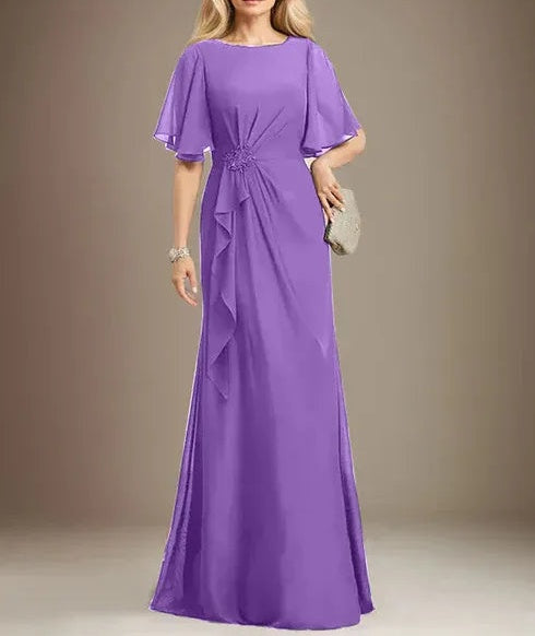 A-line Scoop Floor-Length Chiffon Mother of the Bride Dress With Cascading Ruffles Beading Sequins