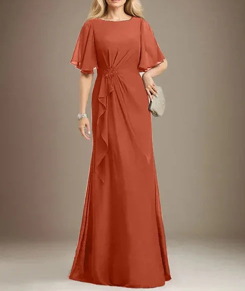 A-line Scoop Floor-Length Chiffon Mother of the Bride Dress With Cascading Ruffles Beading Sequins