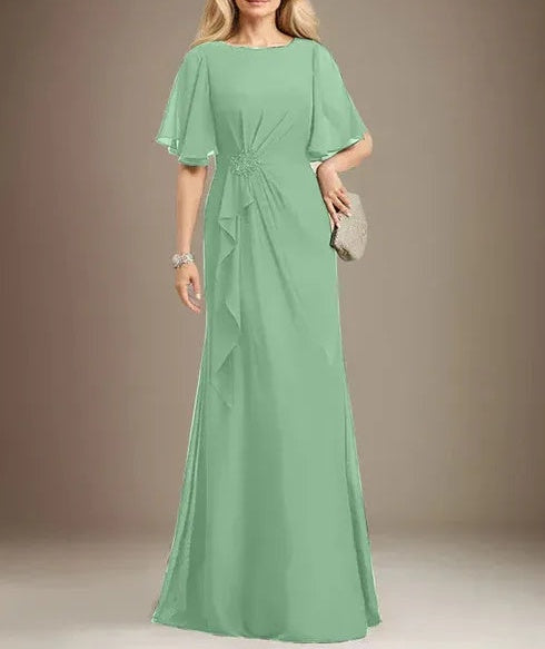 A-line Scoop Floor-Length Chiffon Mother of the Bride Dress With Cascading Ruffles Beading Sequins