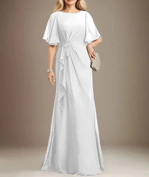 A-line Scoop Floor-Length Chiffon Mother of the Bride Dress With Cascading Ruffles Beading Sequins