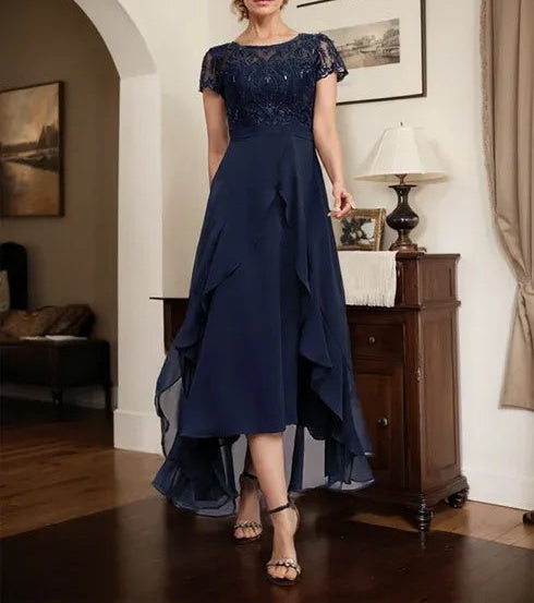 A-line Scoop Illusion Asymmetrical Chiffon Lace Mother of the Bride Dress With Bow Ruffle Sequins