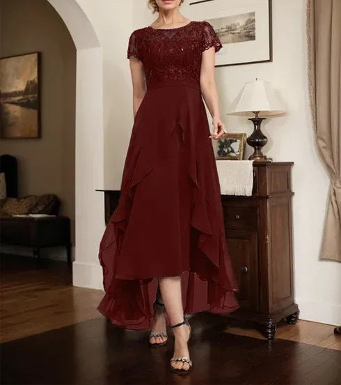A-line Scoop Illusion Asymmetrical Chiffon Lace Mother of the Bride Dress With Bow Ruffle Sequins
