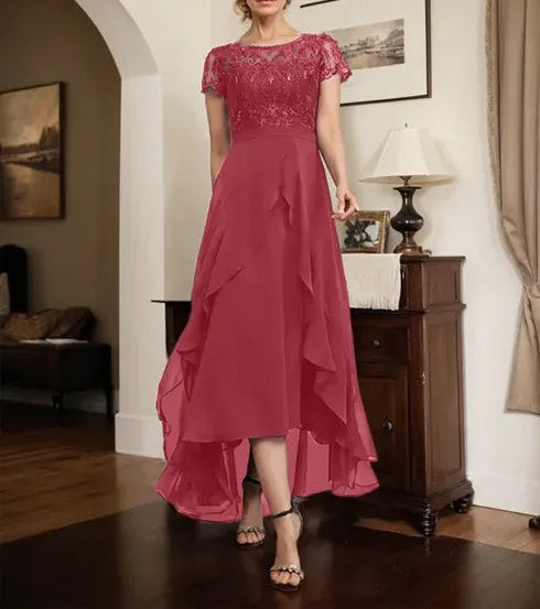 A-line Scoop Illusion Asymmetrical Chiffon Lace Mother of the Bride Dress With Bow Ruffle Sequins