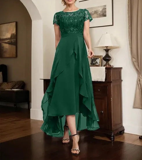 A-line Scoop Illusion Asymmetrical Chiffon Lace Mother of the Bride Dress With Bow Ruffle Sequins