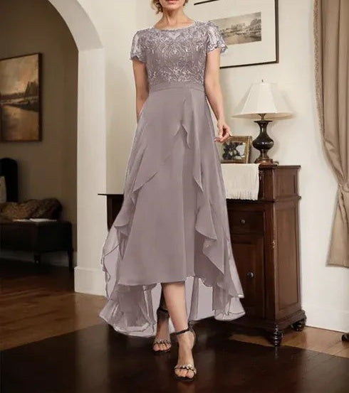 A-line Scoop Illusion Asymmetrical Chiffon Lace Mother of the Bride Dress With Bow Ruffle Sequins