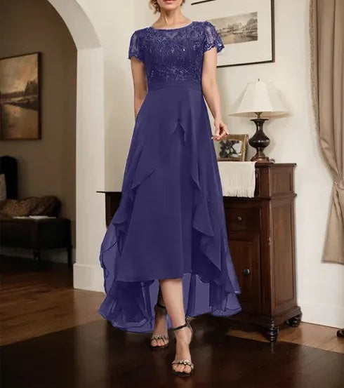 A-line Scoop Illusion Asymmetrical Chiffon Lace Mother of the Bride Dress With Bow Ruffle Sequins
