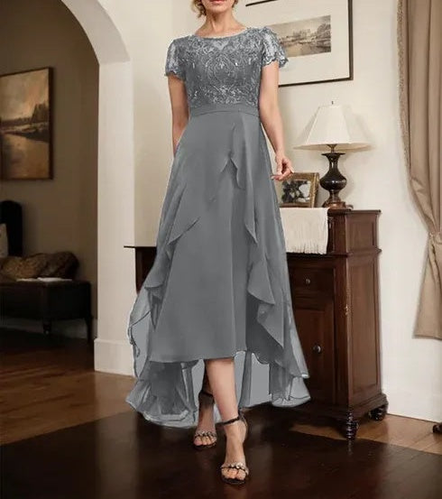 A-line Scoop Illusion Asymmetrical Chiffon Lace Mother of the Bride Dress With Bow Ruffle Sequins