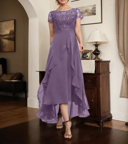 A-line Scoop Illusion Asymmetrical Chiffon Lace Mother of the Bride Dress With Bow Ruffle Sequins