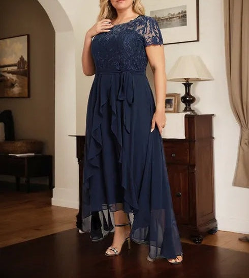 A-line Scoop Illusion Asymmetrical Chiffon Lace Mother of the Bride Dress With Bow Ruffle Sequins