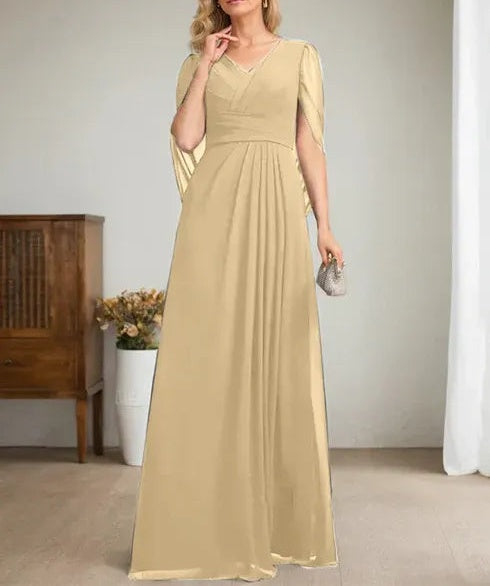 Dark Navy A-Line V-Neck Long Mother of Bride Dress