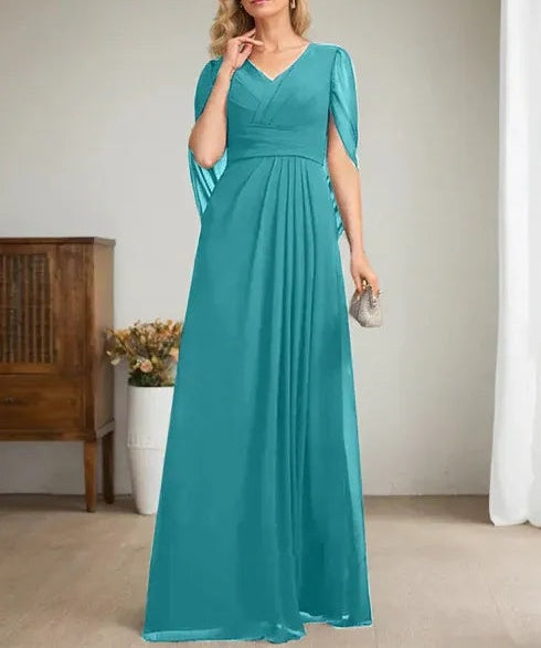 Dark Navy A-Line V-Neck Long Mother of Bride Dress