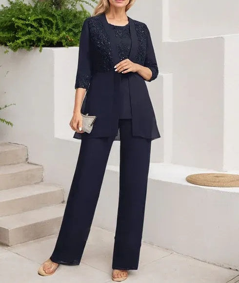 Jumpsuit/Pantsuit Separates Scoop Floor-Length Chiffon Lace Mother of the Bride Dress With Sequins
