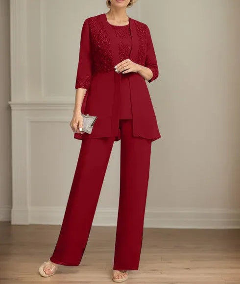 Jumpsuit/Pantsuit Separates Scoop Floor-Length Chiffon Lace Mother of the Bride Dress With Sequins