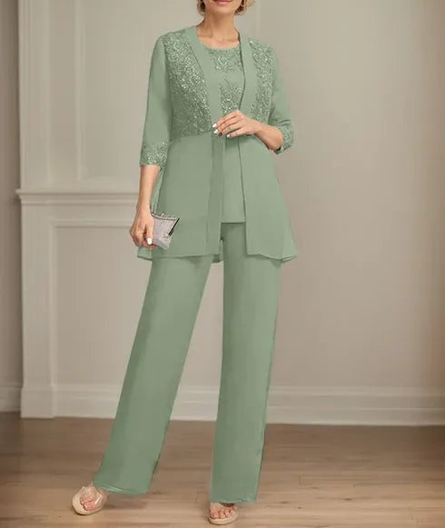Jumpsuit/Pantsuit Separates Scoop Floor-Length Chiffon Lace Mother of the Bride Dress With Sequins