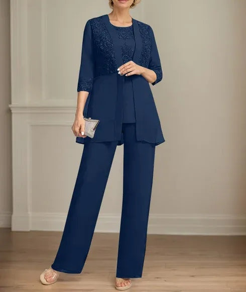 Jumpsuit/Pantsuit Separates Scoop Floor-Length Chiffon Lace Mother of the Bride Dress With Sequins
