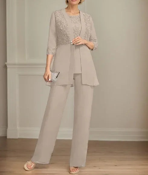 Jumpsuit/Pantsuit Separates Scoop Floor-Length Chiffon Lace Mother of the Bride Dress With Sequins