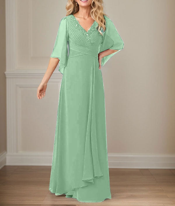 A-Line V-Neck Long Sequins Chiffon Mother Dress