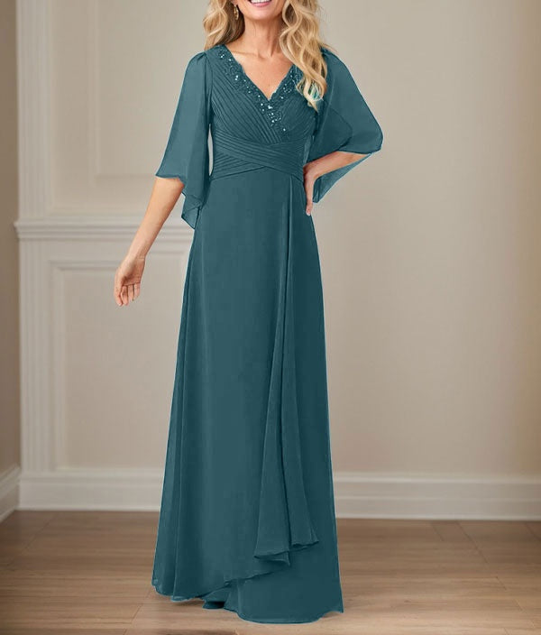 A-Line V-Neck Long Sequins Chiffon Mother Dress