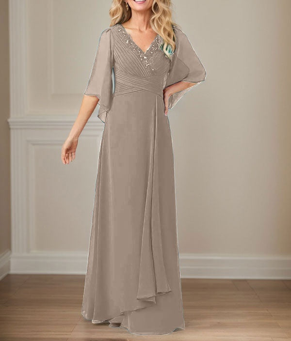 A-Line V-Neck Long Sequins Chiffon Mother Dress